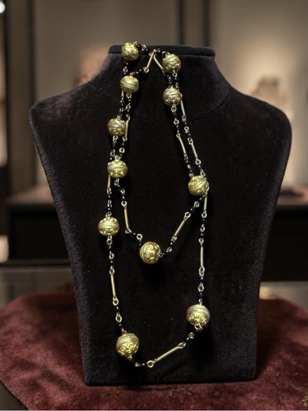 Vintage Gold & Black Beaded Long Station Necklace 38” Ornate Boho